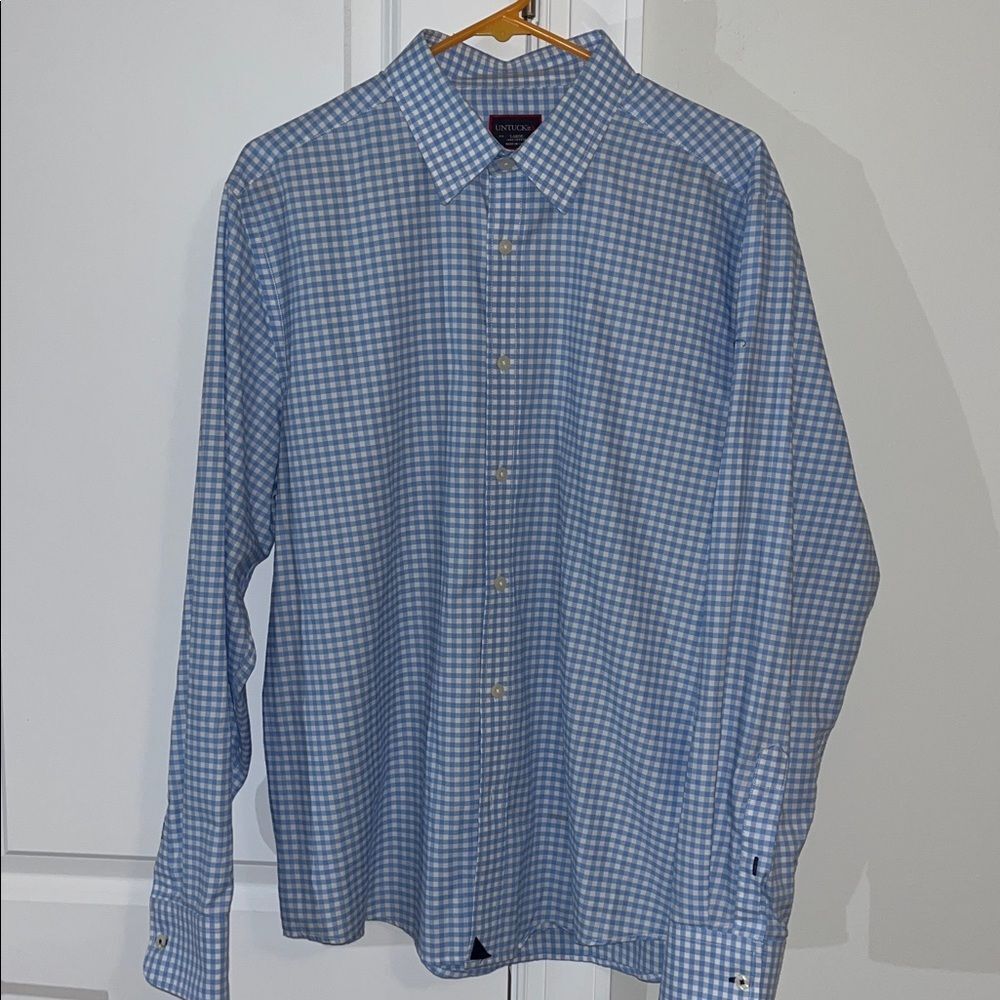 UNTUCKit LS Check Gingham Blue Plaid Reg Fit Dress Shirt 100% Cotton-Carneros